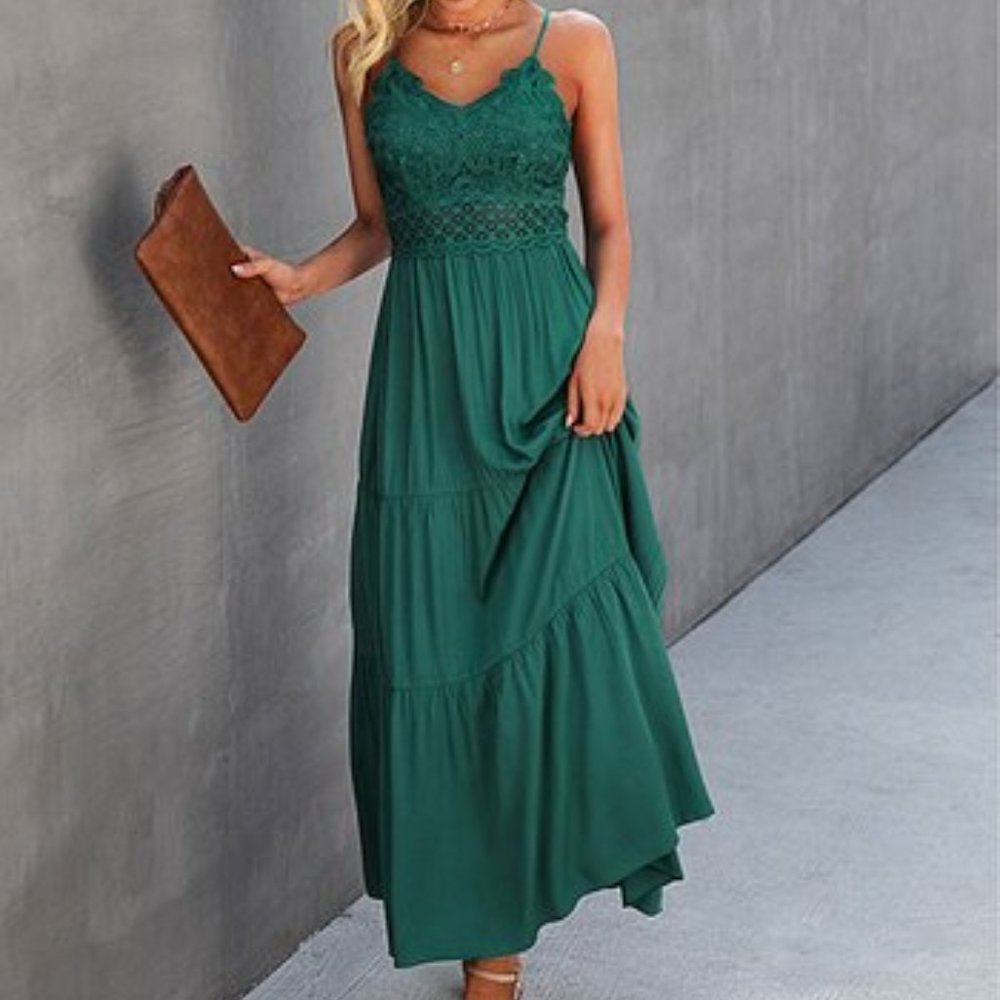 Green, lace maxi dress.
